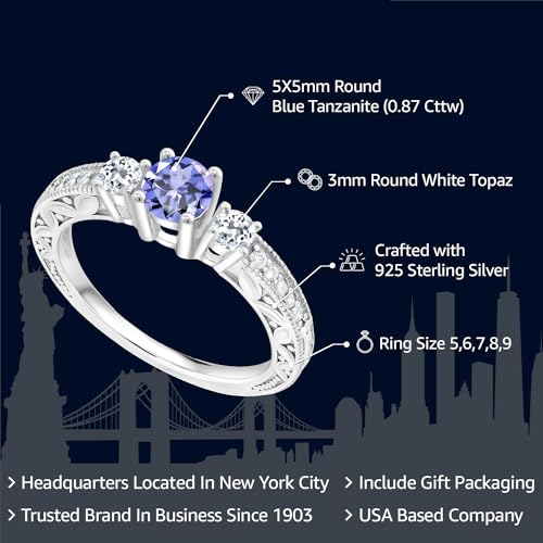 Gem Stone King 925 Sterling Silver Blue Tanzanite and White Topaz Engagement Ring For Women (0.87 Cttw, Round Gemstone Birthstone, Available in size 5, 6, 7, 8, 9)2