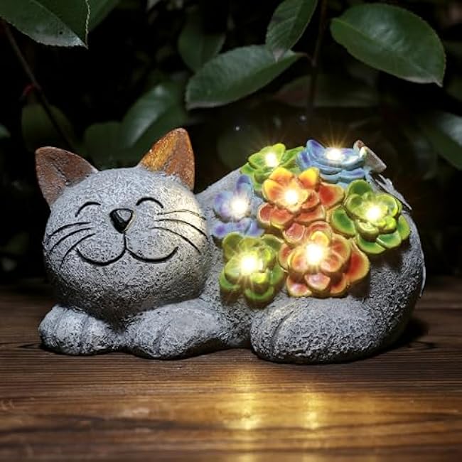 Otdair Solar Garden Decor Cat, Cat Lover Gifts with Succulent and 7 LED Lights for Outside,Outdoor Solar Lights for Yard, Garden and Patio, Unique Gift for Women