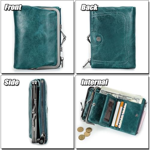 Small Bifold Wallet for Ladies, Blocking Card Holder, Women's Genuine Leather Coin Purse with Kiss-Lock Pocket(Peacock Blue)2