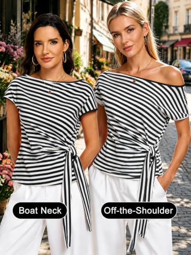 Image of HOTIAN Womens Cap Sleeve T Shirts 2026 Tie Waist Wrap Tops Crew Neck Blouses Dressy Casual Loose Work Business