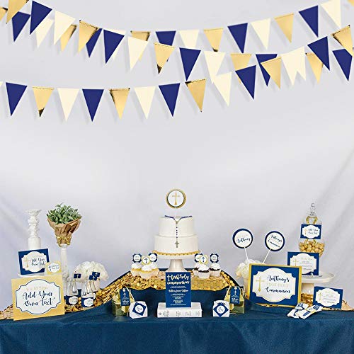 Image of 30Ft Navy Blue Gold and Beige Party Decorations Royal Blue Gold Triangle Flag Pennant Banner Bunting for Graduation Birthday Wedding Bridal Shower Nautical Ahoy Achor Theme Party Decorations Supplies