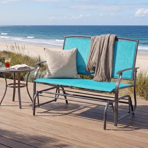 Image of Giantex Outdoor Glider Bench, Patio Glider Bench for Outside, Steel Frame, 400 Lbs Capacity, Ergonomic Swing Rocking Chair Loveseat, 2-Person Porch Swing Rocker for Backyard, Lawn, Balcony, Turquoise