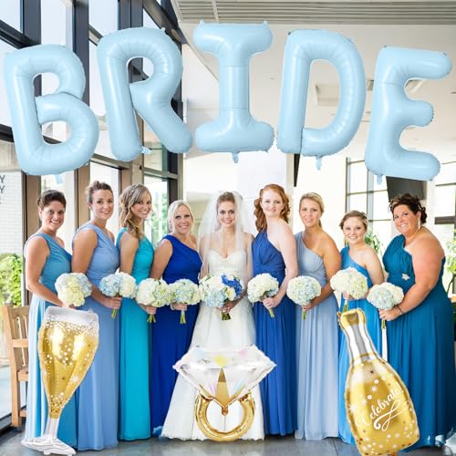 Image of 40inch Bride Balloons Baby Blue Letters Banner, Bachelorette Party Decorations Set with Diamond Ring Champagne Bottle Balloon Glass Foil Balloon for Bachelorette Engagement Wedding Bridal Shower Decor