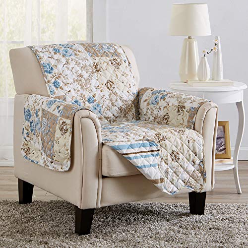 Image of Great Bay Home Reversible Floral Patchwork Chair Furniture Protector - Machine Washable, Scalloped Edge, Stain Resistant, Printed Furniture Cover for Dogs, Kids, and Pets (Taupe /Blue)