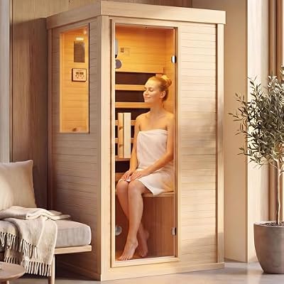 Wood Infrared Home Sauna Room, 1 Person Traditional Indoor Saunas, Canadian Hemlock Dry Sauna Spa for Low EMF with Tempered Glass Door, Bluetooth Speakers and Control Panel, 32.6 x 27.5 x 59.5 Inch