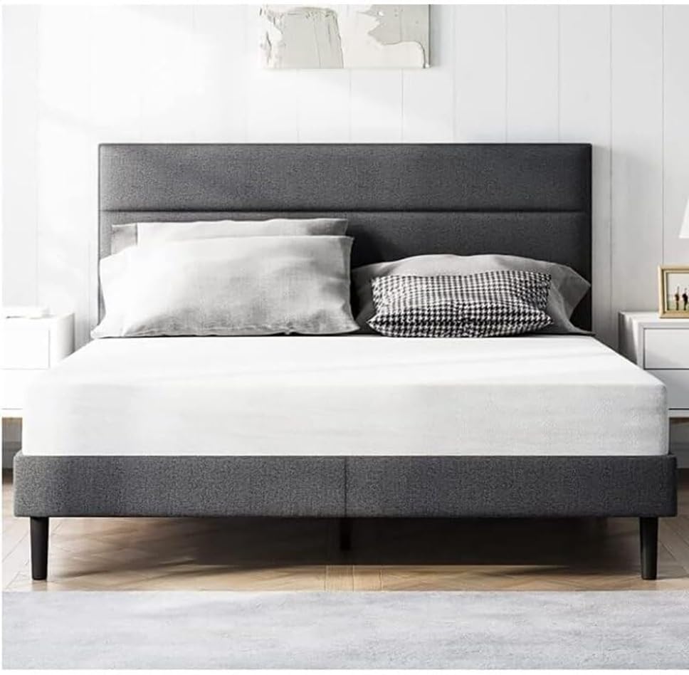Image of Wooden Modern Upholstered Queen Size Bed for Bedroom | Wooden Double Bed Without Storage | Platform Cot Upholstered Bed with Upholstery Fabric | 6.5 x 5 Ft | Dark Grey Khaza Eithan