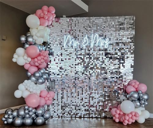 Image of Shimmer Wall Backdrop Silver Square Sequin Wall Panel Backdrop Decor for Wedding, Anniversary, Birthday, Party, 24 Panels
