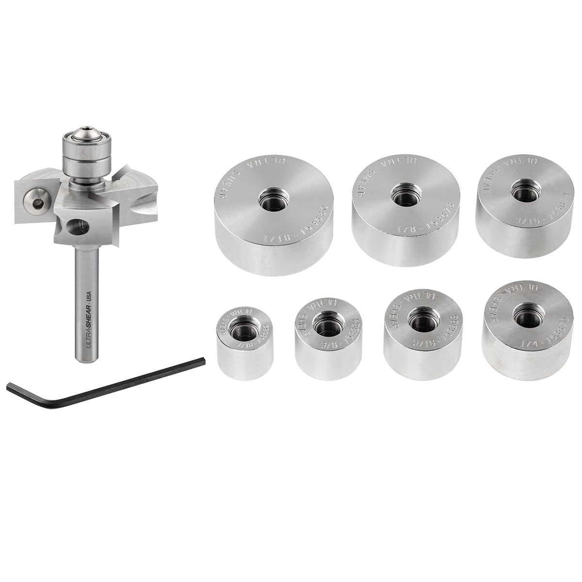 US2RBT-SET Lot de 7 fraises à défoncer à rabbeting avec tige 1/4, 3 cannelures, fabriqué aux États-Unis, inserts en carbure remplaçables à plusieurs bords