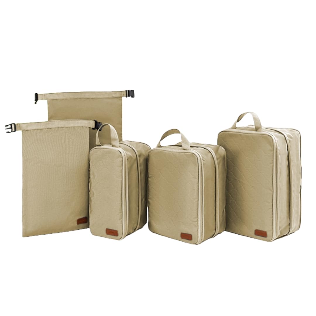 TRAVLNTRAVLN Double Compression Packing Cubes for Suitcases - 5 Waterproof Suitcase Organiser Bags - Perfect Dividers for Packing Bags for Travel - Large Travel Packing Cubes for Backpack (Beige)