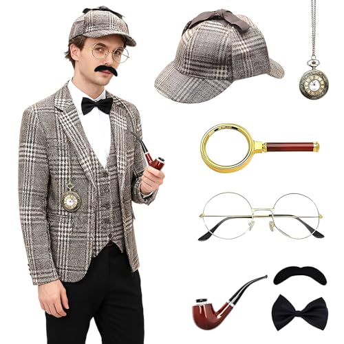 Juego de 7 Accesorios para Disfraz de Detective, Accesorios de Disfraz de Sherlock Holmes con Sombrero de Detective, Gafas de Bigote Falso, Pajarita con Lupa para Carnaval, Cosplay Halloween Fiesta
