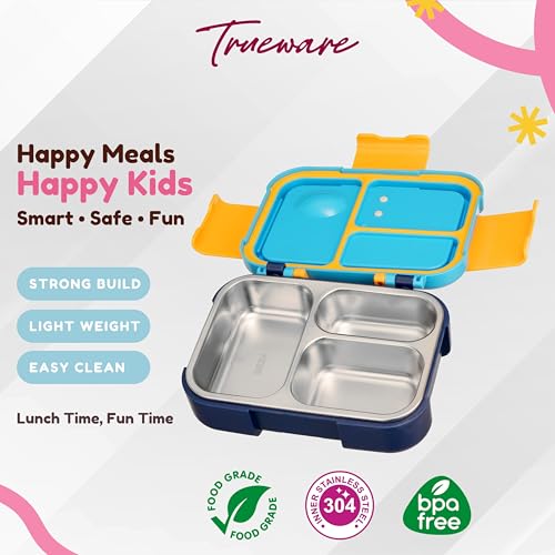 Image of Trueware Galaxy 3 304 Stainless Steel PU Insulated Lunch Box with Three Compartment BPA Free, Food Grade Ideal for School, Picnic, Office & Outdoor - 520ml