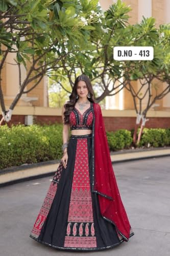 Image of Women's Semi Stitched Lehenga Choli Set in French Crepe | Printed Work Real Mirror Blouse | Georgette Dupatta with Lace Border | Festive Wedding Party Ethnic Outfit