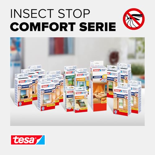 tesa Insect Stop Comfort Fliegengitter für bodentiefe Fenster - Insektenschutz selbstklebend - Fliegen Netz ohne Bohren - 120 cm x 240 cm - Weiß (Leichter Sichtschutz)