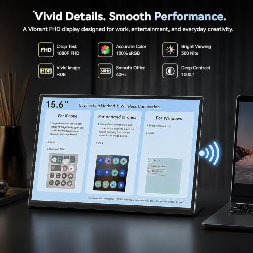 Image of Wireless Portable Monitor 15.6 inch, 8000mAh Battery, 1080P FHD IPS | 4H Runtime, 360 Rotating Stand, AirPlay & Miracast, USB-C & HDMI, VESA, Carry Bag, Wired /Wireless for MacBook, Laptop, Phone