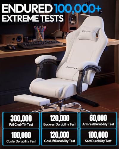 Image of Dowinx Ergonomic Gaming Chair with Footrest & Massage Lumbar, 2D-Linkage Armrests for Computer Chair 330lbs with Headrest Pillow for Office, Home, Streaming and Long Gaming Sessions, Fabric Pure White