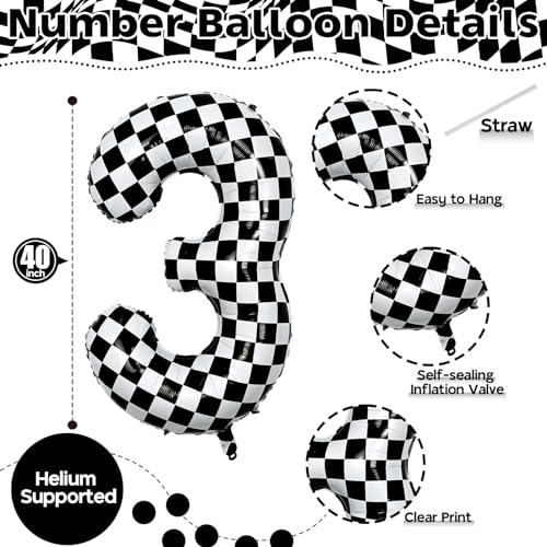Image of 3rd Birthday Number Balloons for Boys, 40 Inch Checkered Racing Foil 3 Balloons, Self Inflating Helium Black and White Big Number 3 Balloon for Kids Birthday Race Car Flag Party Decoration Supplies