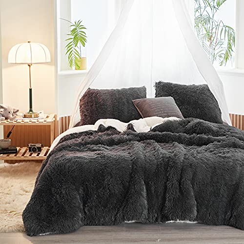 Uozzi Bedding Black Faux Fur Comforter Set Queen 3 Pieces – 1 Dark Gray Shaggy Comforter Set 90×90 and 2 Pillowcases, Ultra Soft and Easy Care Luxury Plush Shaggy Duvet Set