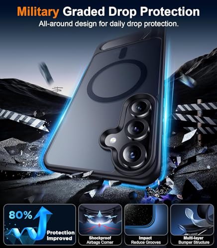 Image of Elzzi Magnetic Cover Compatible for Samsung S25 5g Case with Adjustable Metal Kickstand, Compatible with Mag-Safe Translucent Matte Shockproof Protective Phone Case, Blue