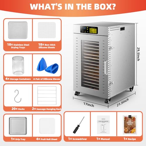 Commercial Food Dehydrator 18 Trays, 2000W Large Capacity 34.42ft² Food Dryer Machine for Jerky, Meat, Fruit, Herbs, Full Stainless Steel Industrial Dehydrater Biltong Maker