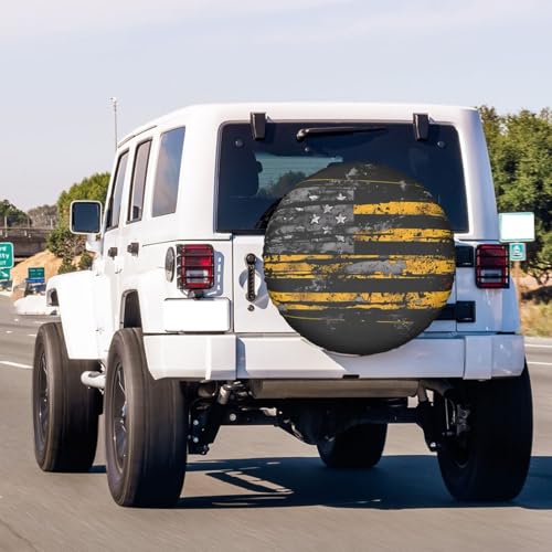 Image of Distressed American Flag Thin Yellow Spare Tire Cover Dust-Proof Wheel Tire Cover Fit Trailer, RV, SUV and Many Vehicle 15 Inch