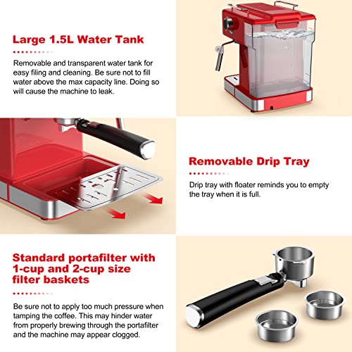Galanz Retro Espresso Machine With Milk Frother, 15 Bar Pump Professional Cappuccino And Latte Machine, 1.5L Removable Water Tank, Retro Red, 1350 W #TOP5