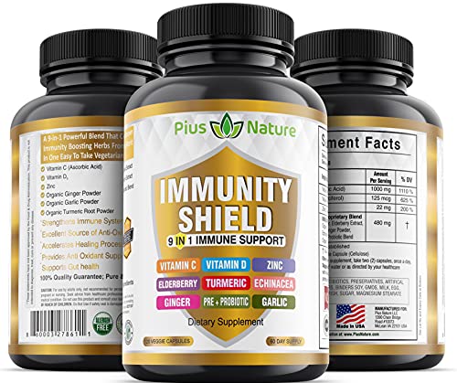 9-In-1 Immune Support Vitamin C (1000Mg), Vitamin D3 (5000 Iu), Zinc(22Mg) With Elderberry, Turmeric, Echinacea, Ginger, Garlic And Pre+Pro-Biotic Per Serving (120 Caps Per Bottle - 2 Month Supply) #TOP4