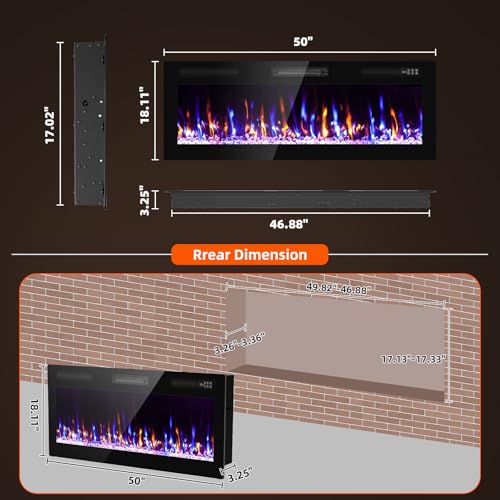 Image of Zionheat 50 inch Wide Screen Electric Fireplace-Wall Fireplace for Living Room-Fireplace Inserts /Wall Mounted with Remote Control, Timer, Dimmer, 12 Flame Colors, 750 /1500W