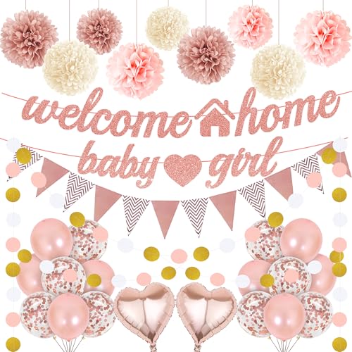 Welcome Home Baby Girl Decorations - 30 Pcs Rose Gold Balloons Banners Pennant Flag Bunting Paper Pompoms Glitter Confetti Balloons For Family Girls Baby Shower Welcome Back Party Supplies