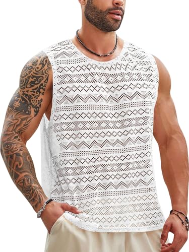 Beotyshow Mens See Through Vest Crewneck Sleeveless Tank Tops Muscle Sexy Lace Mesh Shirts