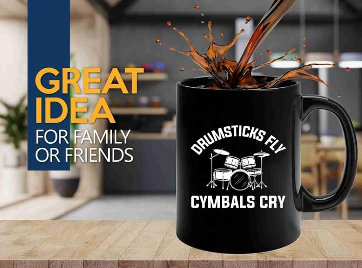 Taza de café para músicos, 11 onzas, negra, con diseño de baquetas y platillos miniatura 2