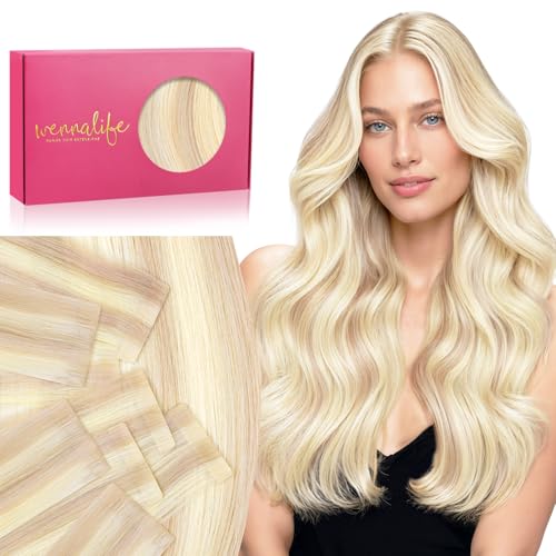 Image of WENNALIFE Invisi Edge Tape in Hair Extensions Human Hair | 18 Inch 50g 20pcs Balayage Light Wheat Platinum Blonde Invisi Remy Hair tensions Seamless Injected Tape Ins Straight ten