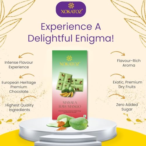 Image of XOKATOZ Exotic Premium Couverture Belgian Chocolate - 1 Masala Raw Mango Flavoured White Chocolate Bar Gift Set Pack of 1, 75g