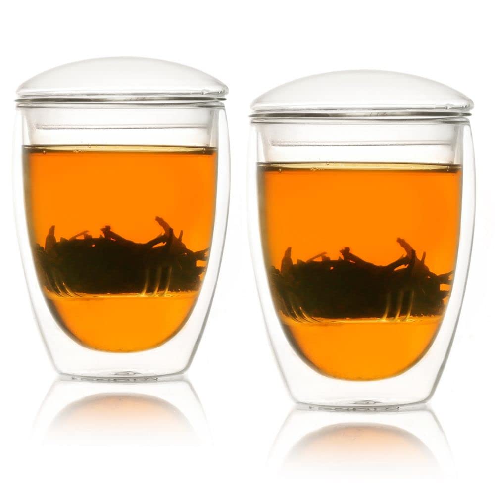 Infuseur à thé à double paroi en verre de 350 ml avec passoire transparente et couvercle | Coffret cadeau pour théière | Mug diffuseur pour une personne | Passoires à thé pour thé en vrac (2)