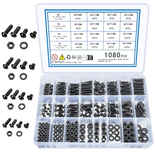 KOXXIAMOQ 1080 Stk M3 M4 M5 M6 Linsenkopf Innensechskant Schrauben Set, Gewindeschrauben Set, Innensechskantschrauben Set, Maschinenschrauben und Muttern und Unterlegscheiben Sortiment Set