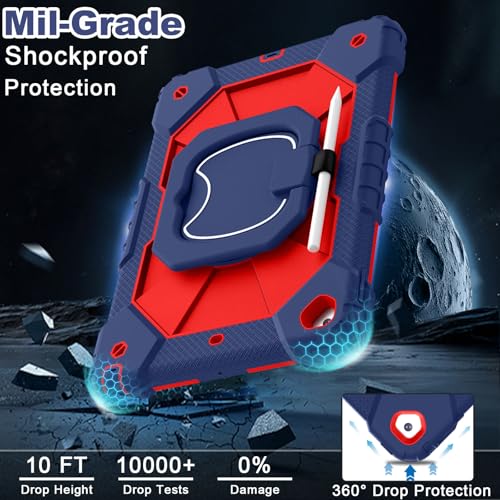 Image of WESOROL Case for iPad 9th Generation 10.2 Inch Tablet Case Military Grade Shockproof Cover for iPad 9th /8th /7th Gen Cases with Rotating Stand Screen Protector Pencil Holder,Navy Red