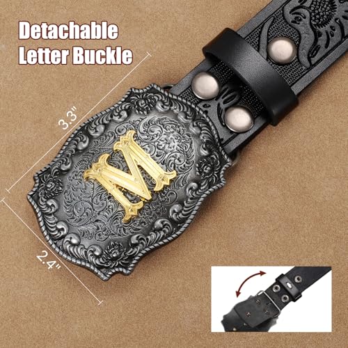 Western Cowboy Leather Belt Men Women, Gold Initial Letters ABCJMZ Buckle Embossed Belt for Jeans