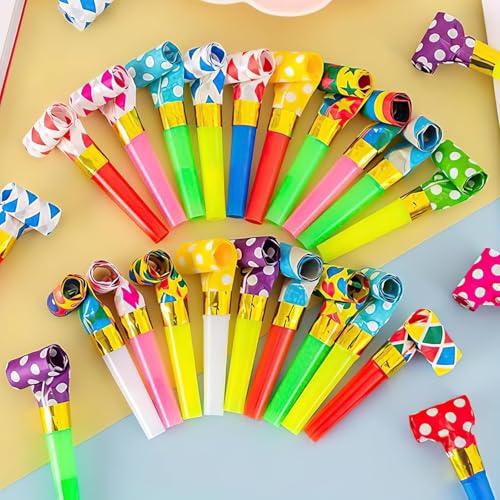 Image of New Colorful Polka Dot Blowouts Paper Blow Outs Noise Makers Whistle Horn Cheering Props Birthday & Kids Party Supplies (100)