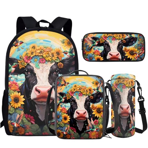 AmzPrint 4 In 1 Highland Cow Backpack Set For Girls Bookbag And Lunch Box Set For Elementary Middle School Backpack Set Of 42