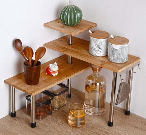 HYNAWIN 3 Tier Corner Shelf Bamboo & Metal Storage Spice Rack-Desk Bookshelf Display Shelves Space Saving Organizer -Adjustable Rack for Kitchen,Bed Room, Office-Best Home Décor (Upgraded Shelf)