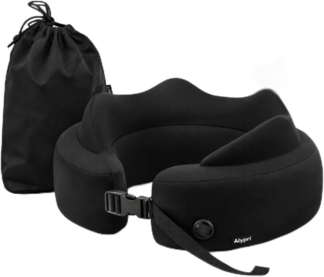 Inflatable Memory Foam Travel Neck Pillow – Auto-Inflating with Twist Valve, Adjustable Cervical Support for Airplane, Car & Office – Compact, Lightweight & Portable (Black)