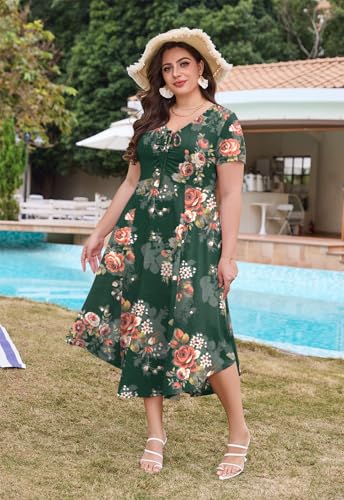 Image of Keluummi Plus Size Maxi Dress for Women V-Neck Short Sleeve with Pockets