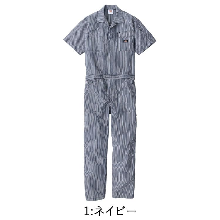 V714【Dickies】刺繍ロゴ半袖つなぎ【メンズFREE】ネイビー ディッキーズ ストレッチCVC半袖つなぎ ネイビー LL