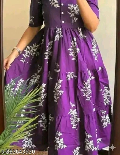 Image of Women's Rayon A-Line Midi Dress, Floral Print, Short Sleeves, Tiered Design, Round Neck, Summer Wear