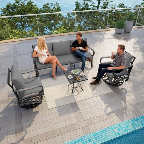 Image of 4 Pieces Outdoor Furniture Set, Patio Conversation Set with Swivel Rocking Chairs Sets and 3-Seater Couch Sofa for Deck, Porch, Garden, Backyard, Poolside (Gray Cushions)