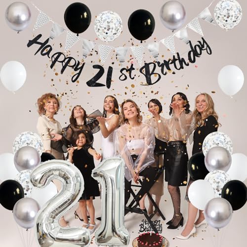 Image of 21st Birthday Decorations for Him Her, Happy 21st Birthday Banner with Black Silver White 21st Birthday Balloons Birthday Cake Topper Number 21 Foil Balloon for Men Women 21 Year Old Party Decoration