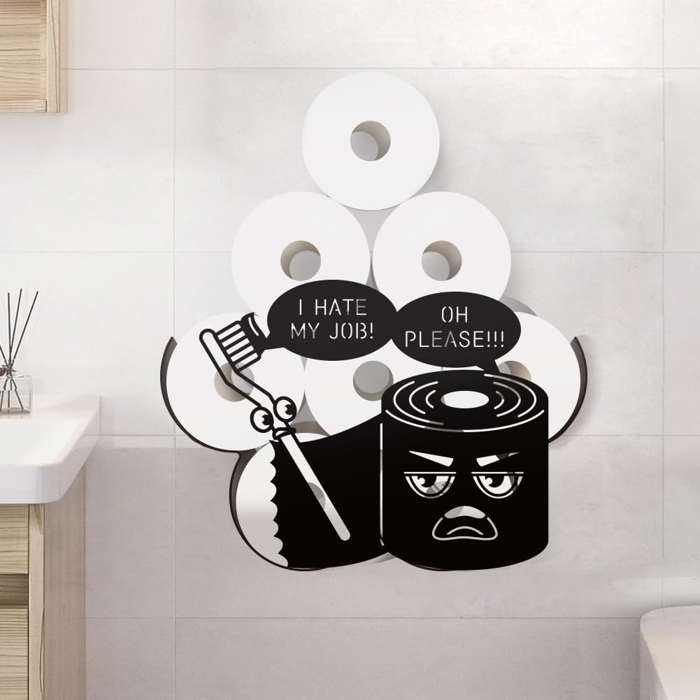 WADORN Funny Toothbrush Tissues Metal Toilet Paper Holder for Extra 8 Rolls, Black Toilet Tissue Storage Decorative Toilets Paper Rolls Organizer Wall Mounted for Bathrooms Home Housewarming Gifts