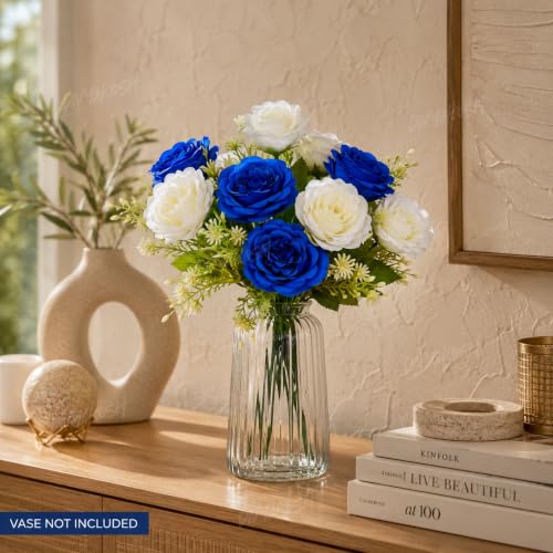 Image of Divyakosh Artificial Flowers Bunch (Vase Not Included). Artificial Flower for Vase, 5 Royal Blue & 5 Cream White Peony Bouquet, Artificial Flower for Living Room Office Dining Table