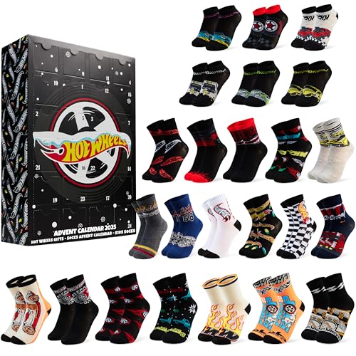 Get Trend Hot Wheels Calendario Adviento 2025 con 24 Pares Calcetines Originales para Niños, 27–32, Diseños Coches Divertidos, Regalo Original (Negro Hot Wheels)