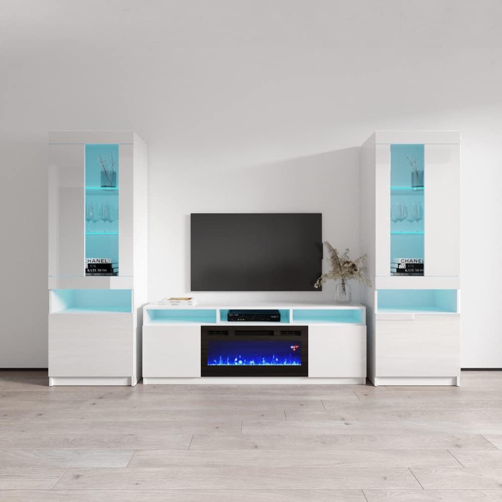 Meble Furniture Reno 05 Electric Fireplace Entertainment Center — 16-Color LED Lights — Includes 2 Komi 04 Bookcases, 70.5" W x 16" D x 53.5" H — White