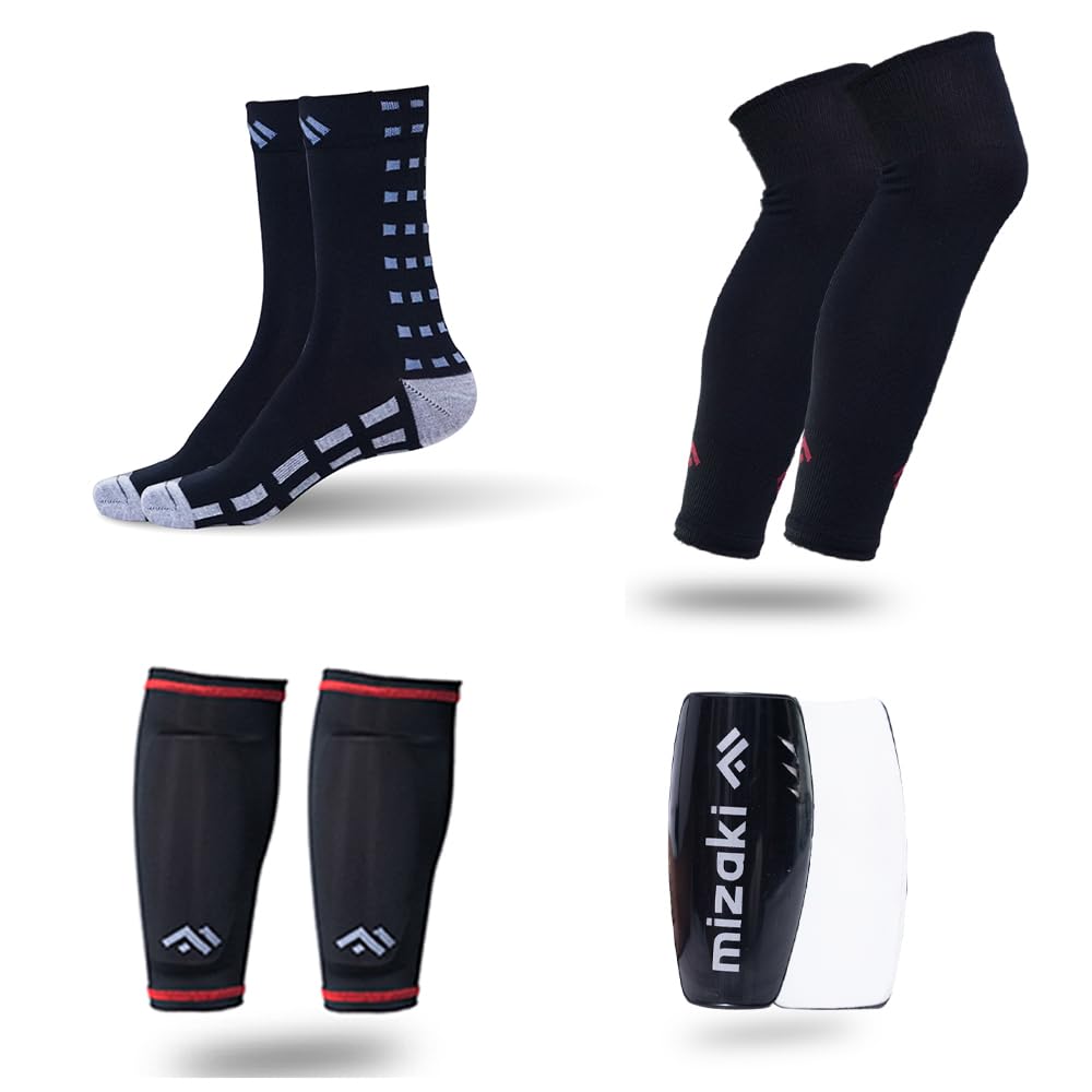 Cotton Grip Football Sock, Leg Sleev, Shingurd and Shingurd Supporter Combo Pack for Men&Women, All-in-One Football Accessories Pack, (Black) (Black)